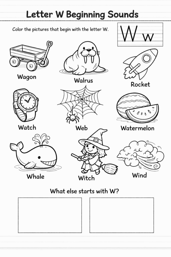 Letter W Beginning Sounds Worksheets