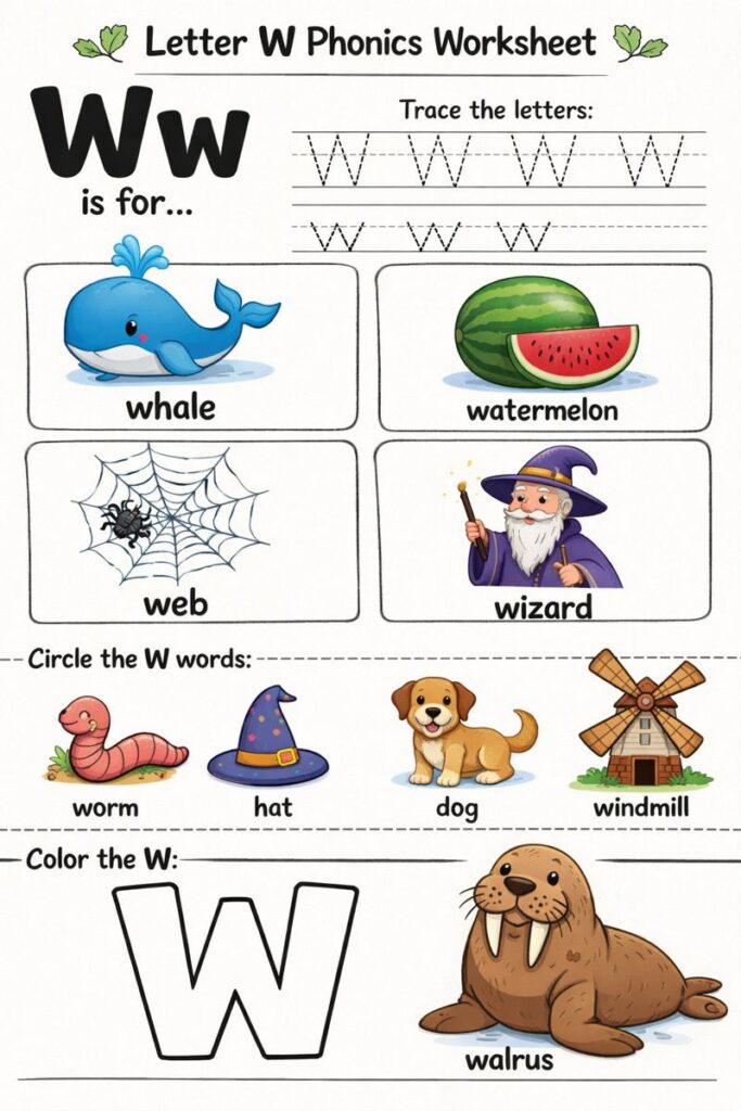 Letter W Phonics Worksheets